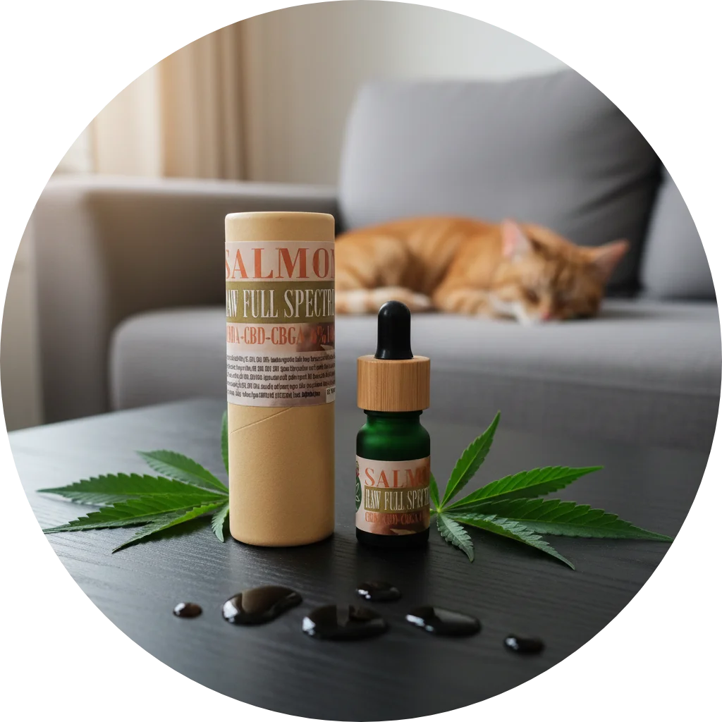 CBDITALY CBD-CBDA RAW full spectrum salmon oil 6% Pets Line dropper bottle with kraft tube on table, cat resting in background