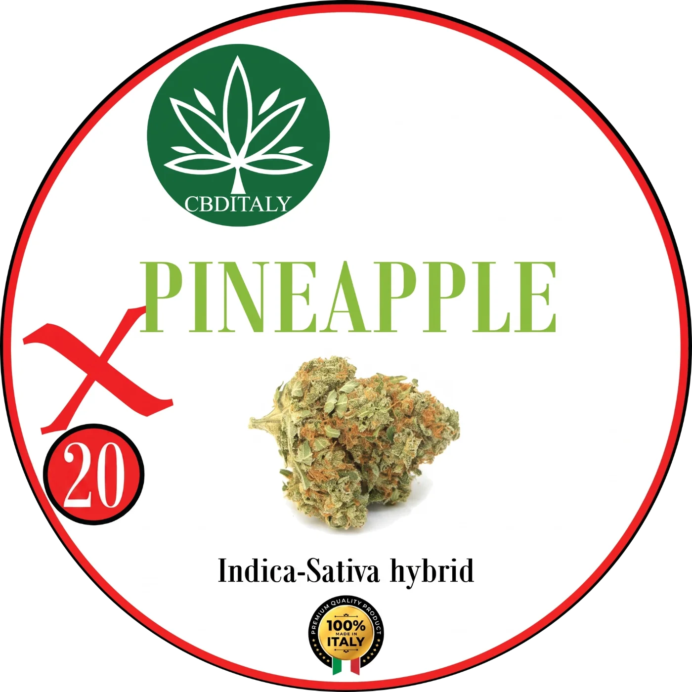 CBDITALY Pineapple X THCV 20% Indica-Sativa-hybridi hampunkukka vihreällä tekstillä, valmistettu Italiassa