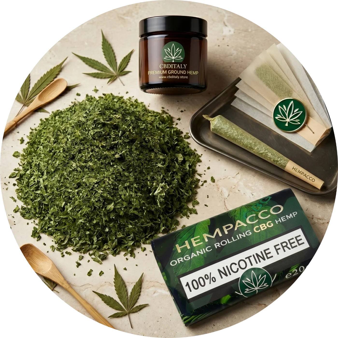 CBDITALY Hempacco CBG 7% 20g irtonainen hampputeos savukepapereilla ja meripihkaisella purkilla, 100% nikotiiniton