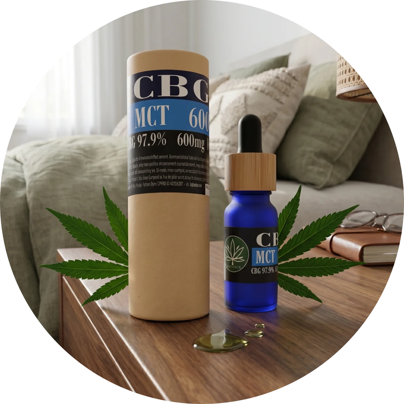 CBDITALY CBG MCT-öljy 6% 600mg THC-vapaa Sportline sininen lasipullo kraft-pakkauksella yöpöydällä
