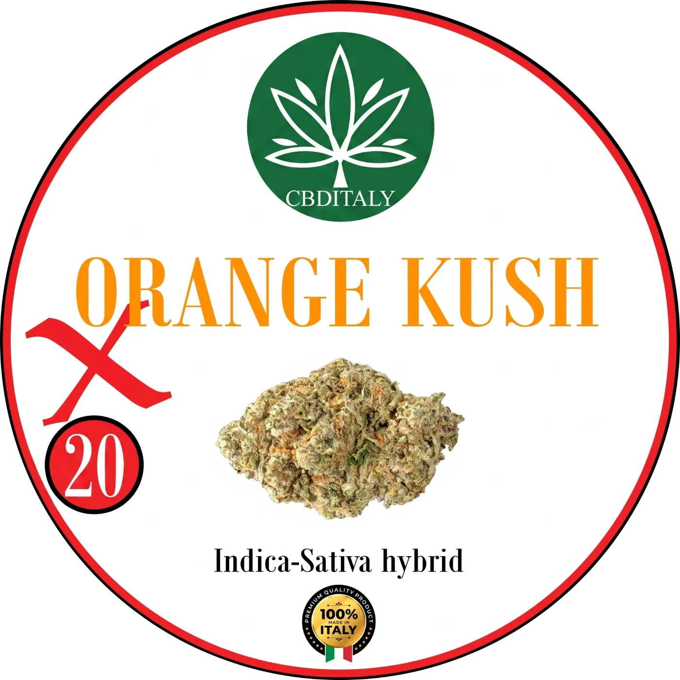 CBDITALY Orange Kush X THCV 20% Indica-Sativa-hybridi hampunkukka oranssilla logolla, valmistettu Italiassa