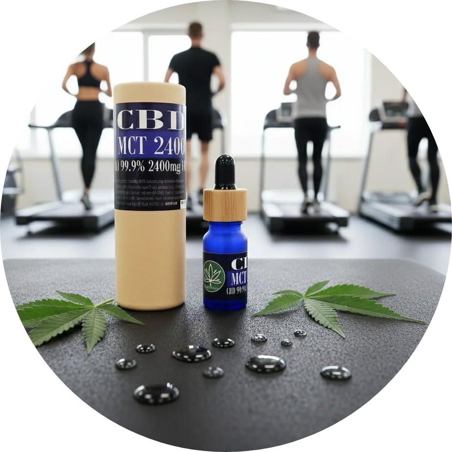 CBDITALY CBD MCT-öljy 24% 2400mg THC-vapaa Sportline sininen lasipullo kraft-pakkauksella kuntosaliympäristössä