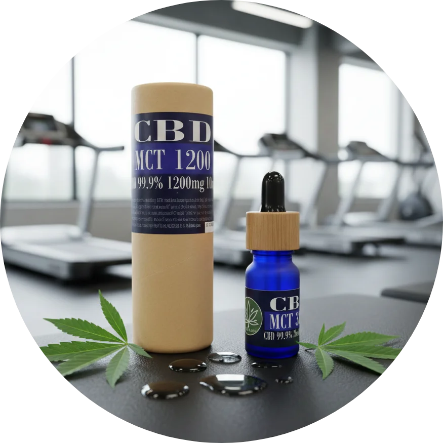 CBDITALY CBD MCT-öljy 12% 1200mg THC-vapaa Sportline sininen lasipullo kraft-pakkauksella kuntosaliympäristössä