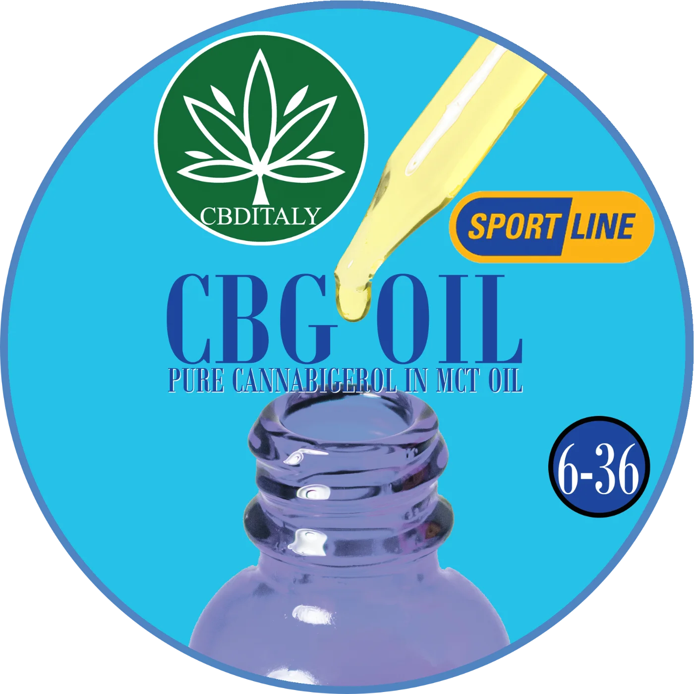 CBDITALY CBG Oil Sportline puhdas kannabigeroli MCT-öljyssä, sininen lasipullo tippapullolla, pitoisuus 6-36