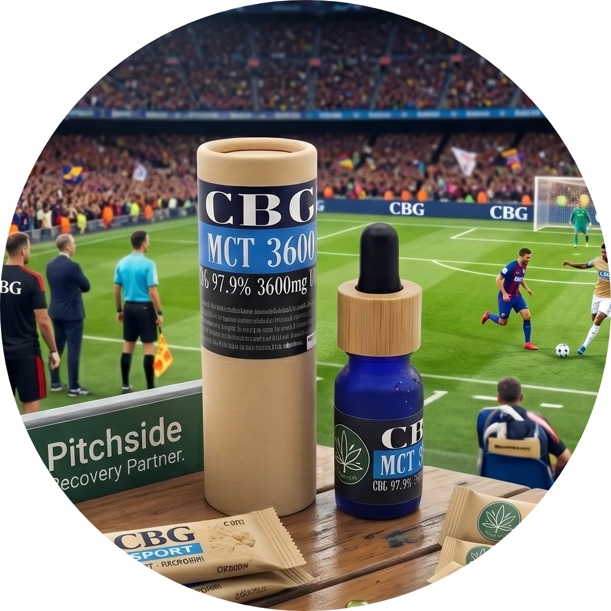 CBDITALY CBG MCT-öljy 36% 3600mg THC-vapaa Sportline sininen lasipullo kraft-pakkauksella jalkapallokentän laidalla