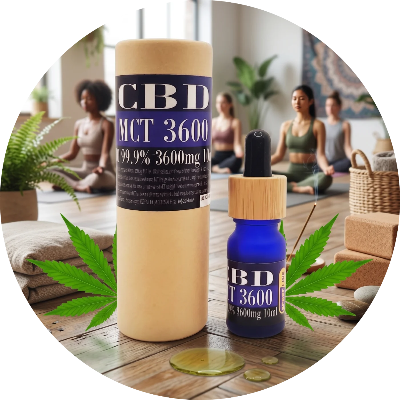 CBDITALY CBD MCT-öljy 36% 3600mg THC-vapaa Sportline sininen lasipullo kraft-pakkauksella joogastudiolla