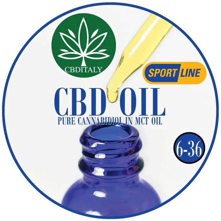 CBDITALY CBD 6-36% MCT-oljy THC-vapaa SPORTLINE hamppu-hyvinvointituotteen pullokuva