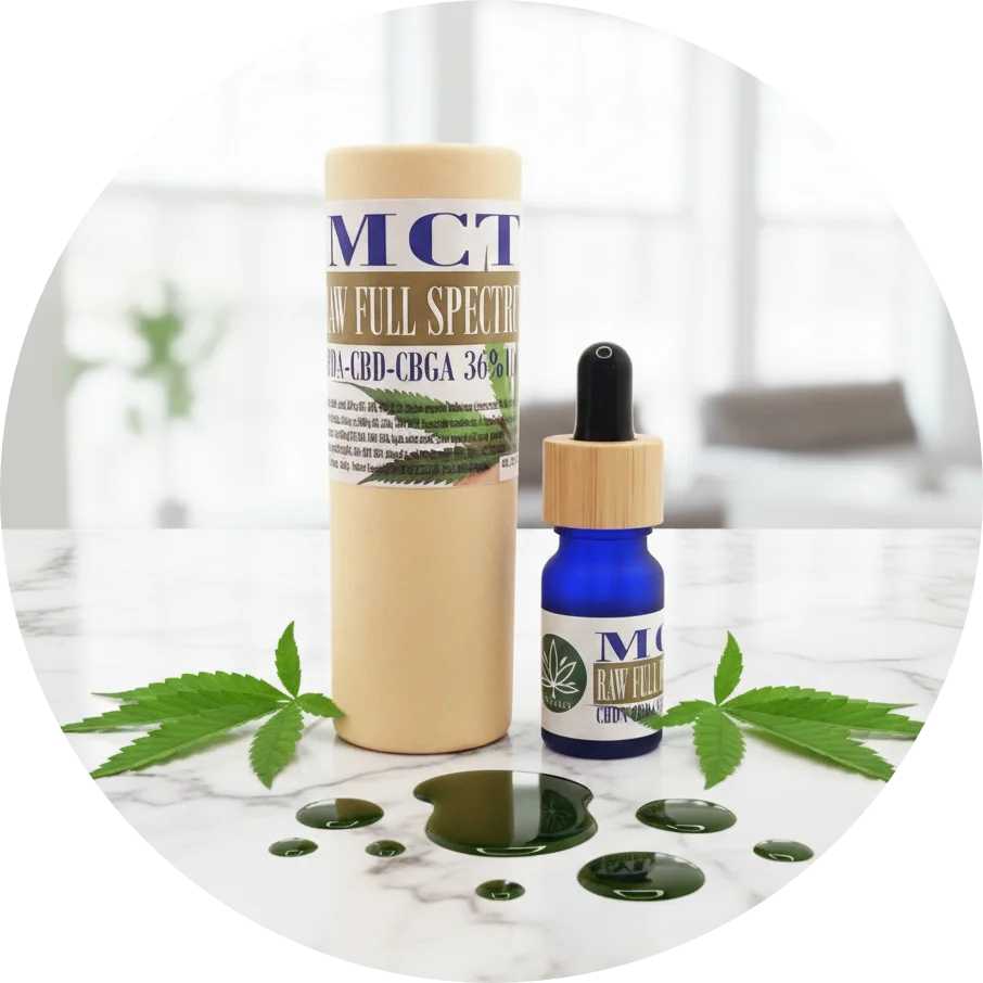 CBDITALY MCT CBD+CBDA масло 36% RAW полного спектра синий стеклянный флакон с крафт-упаковкой и листьями конопли