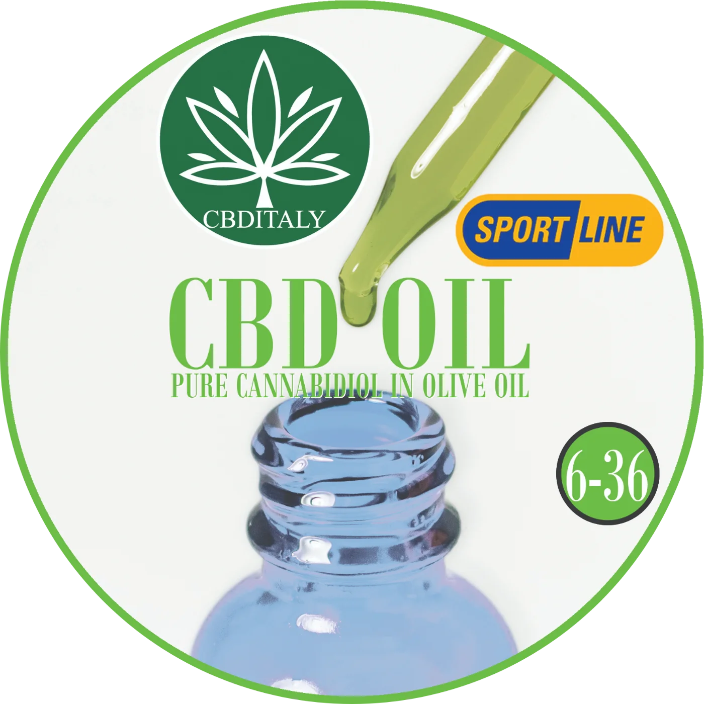 CBDITALY CBD Oil Sportline puhdas kannabidioli oliiviöljyssä, sininen lasipullo tippapullolla, pitoisuus 6-36