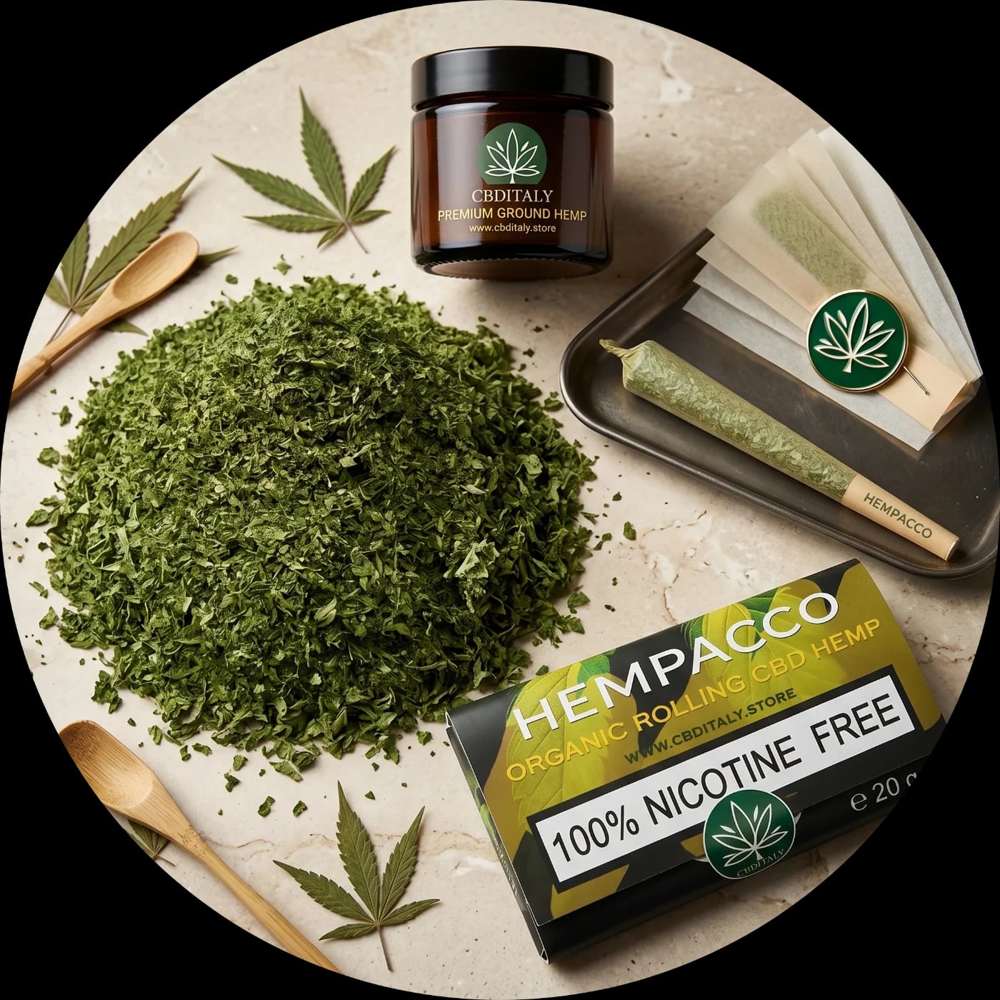 CBDITALY Hempacco CBD 7% 20g irtonainen hampputeos savukepapereilla ja meripihkaisella purkilla, 100% nikotiiniton